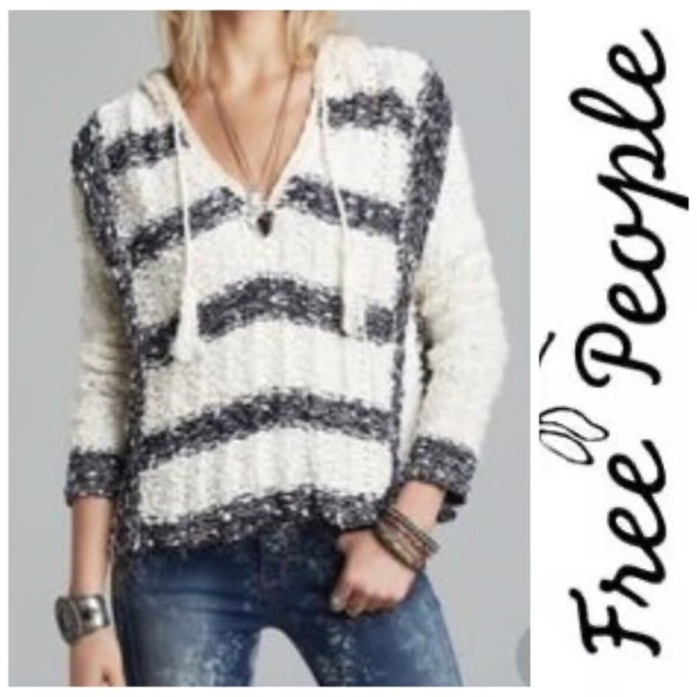 Free People Sweater Knit Hoodie Beige Blue Striped‎ Tassel Open Weave Pullover